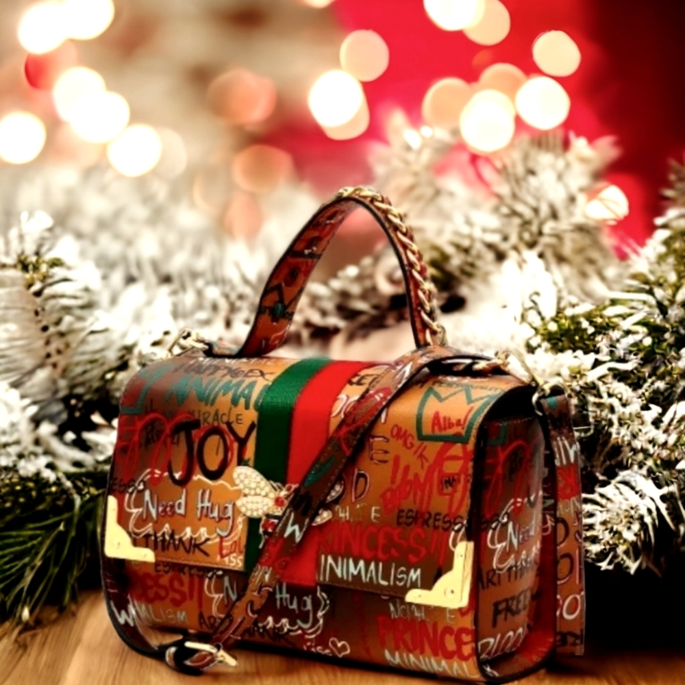Preppy Cognac Billboard Print Designer Handbag and Wallet Set